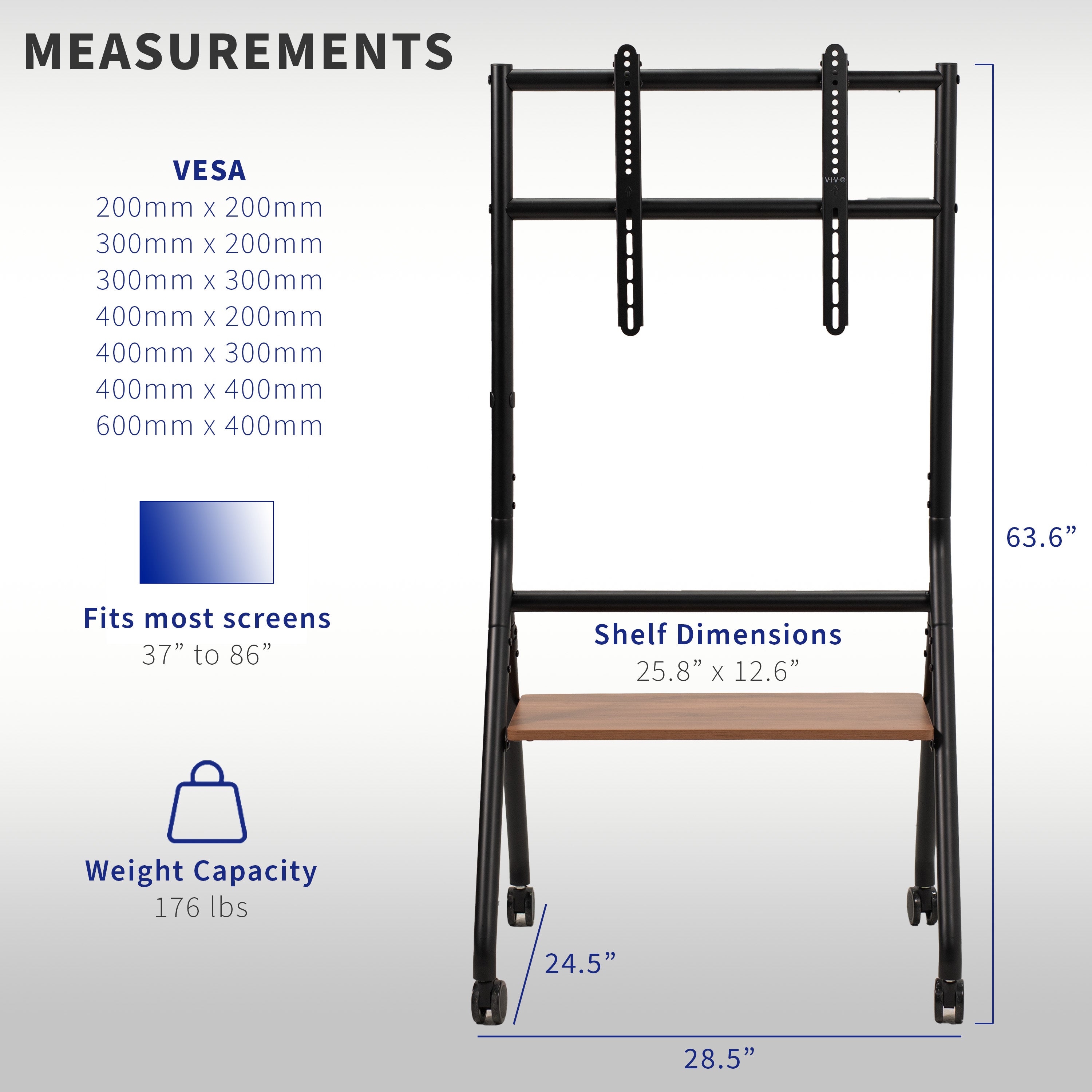 Mobile Heavy-Duty Height Adjustable Studio TV Cart for large screens that can be used in the home and office.