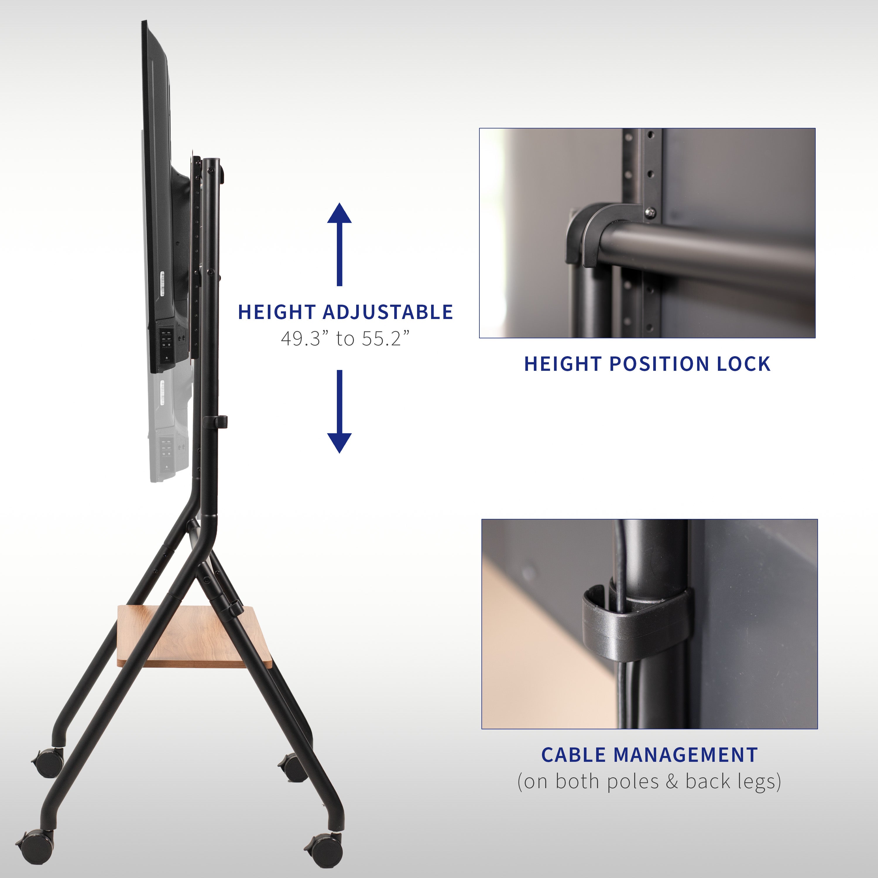 Mobile Heavy-Duty Height Adjustable Studio TV Cart for large screens that can be used in the home and office.