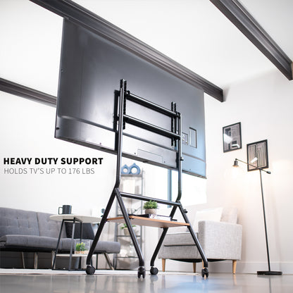 Mobile Heavy-Duty Height Adjustable Studio TV Cart for large screens that can be used in the home and office.