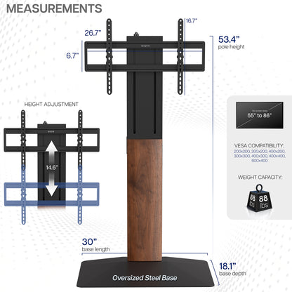 TV Floor Stand with measurements and specifications on a white background