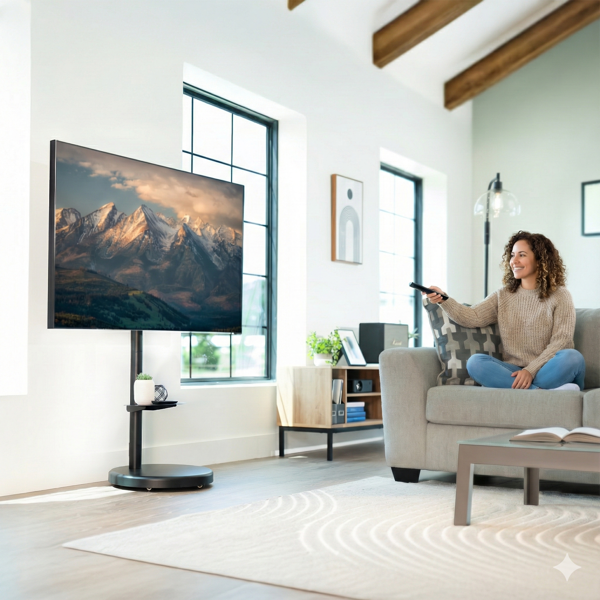 Woman sitting on a couch in a living room watching TV on a mobile TV stand with shelf.