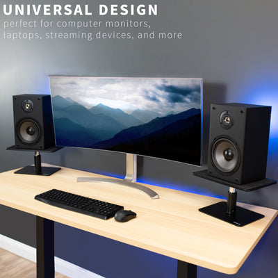 Sturdy desk mount riser for speakers that provides elevated sound.