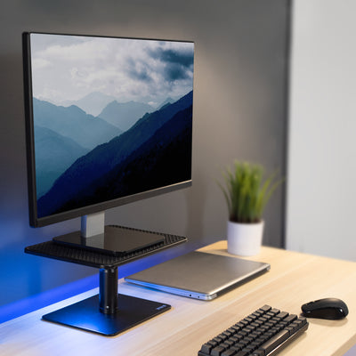 Sturdy desk mount riser for laptop or monitor that provides ergonomic viewing and reduces strain.
