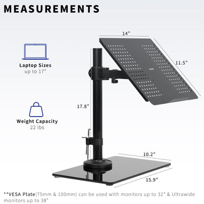 Freestanding laptop stand with elegant glass base for ergonomic viewing and adjustable placement.