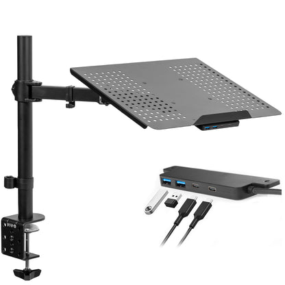 Height adjustable clamp-on laptop stand with USB ports, ventilation, and cable management.