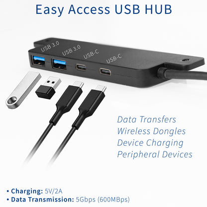 Height adjustable clamp-on laptop stand with USB ports, ventilation, and cable management.