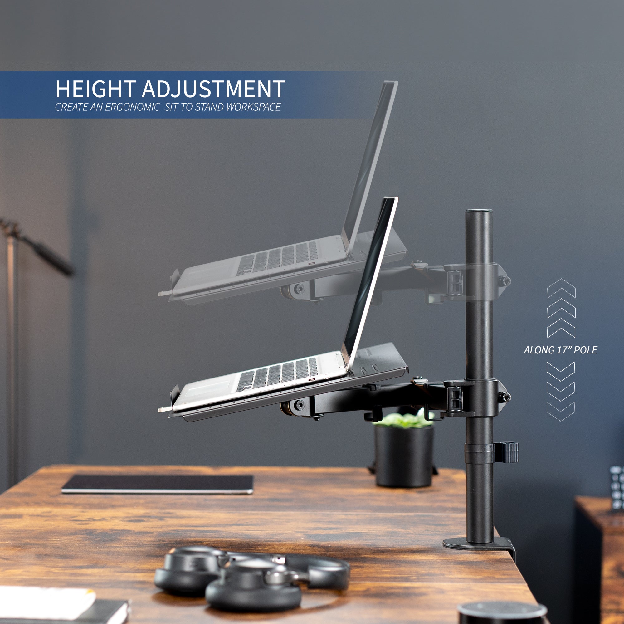 Height adjustable clamp-on laptop stand with USB ports, ventilation, and cable management.