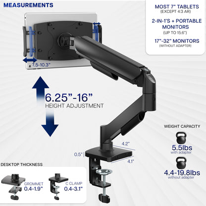 Single Mechanical Arm Desk Mount for Tablets, 2-in-1 Laptops, Portable Monitors