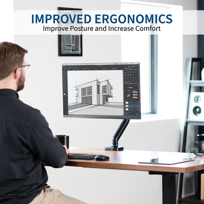 Sturdy clamp-on pneumatic arm single monitor desk mount with USB ports and audio ports, articulation, height adjustment, and cable management.