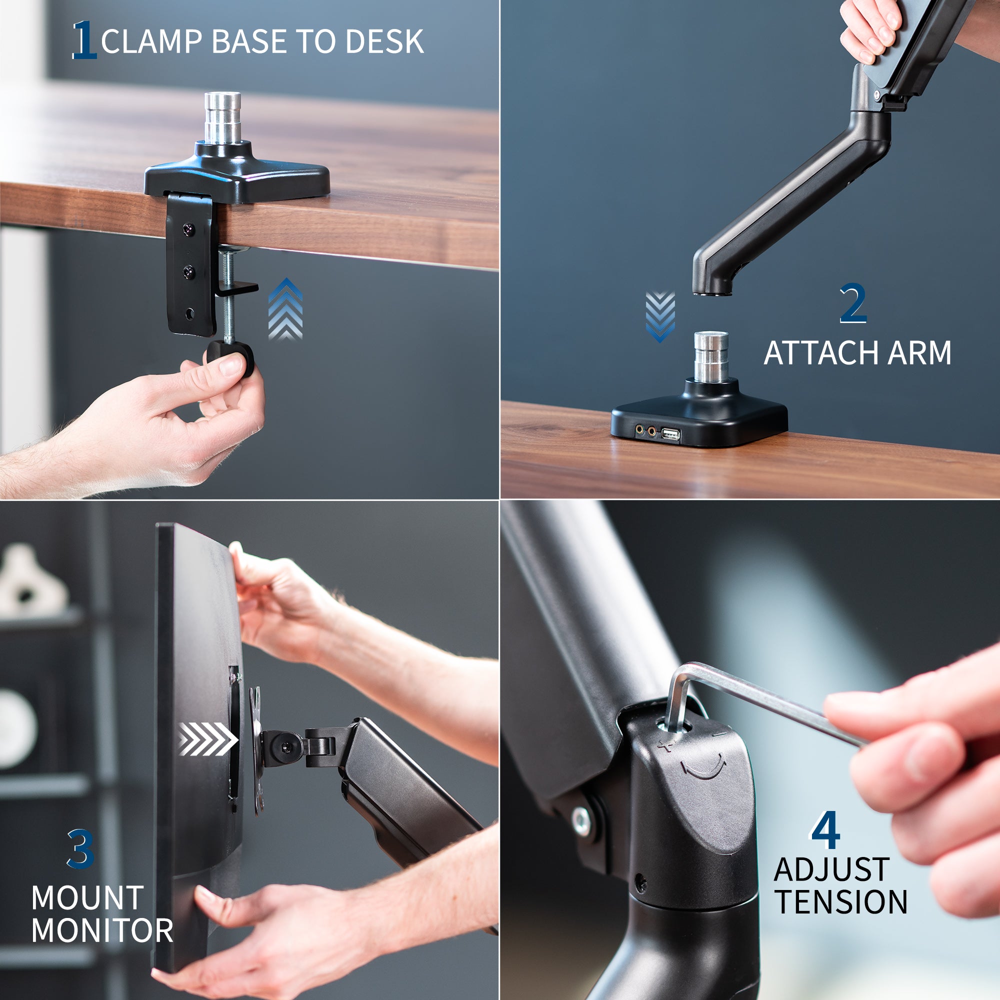 Sturdy clamp-on pneumatic arm single monitor desk mount with USB ports and audio ports, articulation, height adjustment, and cable management.