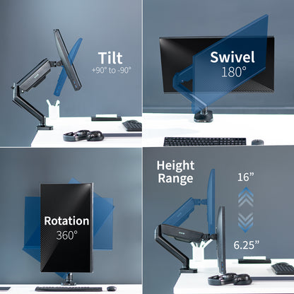 Sturdy clamp-on pneumatic arm single monitor desk mount with USB ports and audio ports, articulation, height adjustment, and cable management.