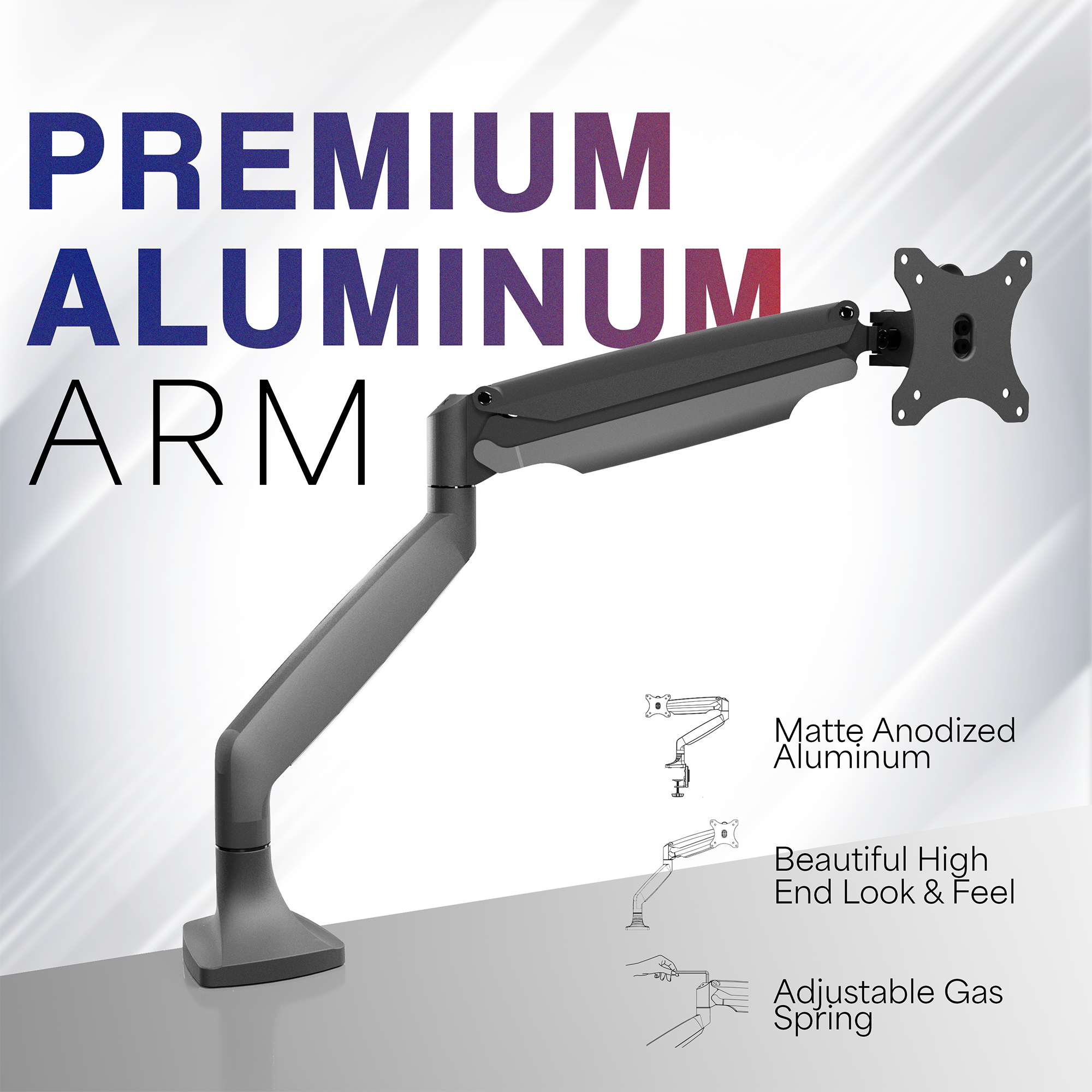 Pneumatic Arm Adjustable Single Monitor Desk Mount