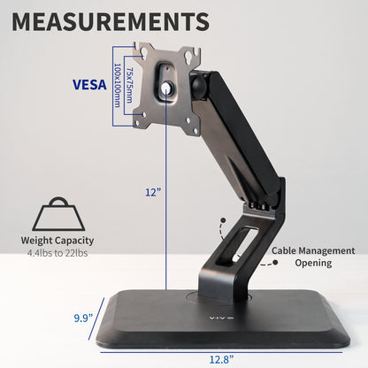 Measurements of a pneumatic monitor stand shown on a white tabletop