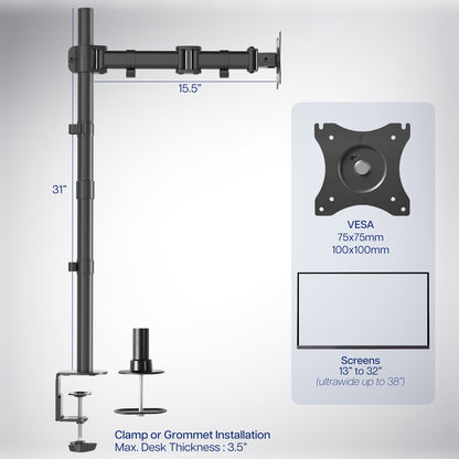 Extra tall sturdy adjustable single monitor ergonomic desk mount for office workstation.