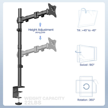 Extra tall sturdy adjustable single monitor ergonomic desk mount for office workstation.