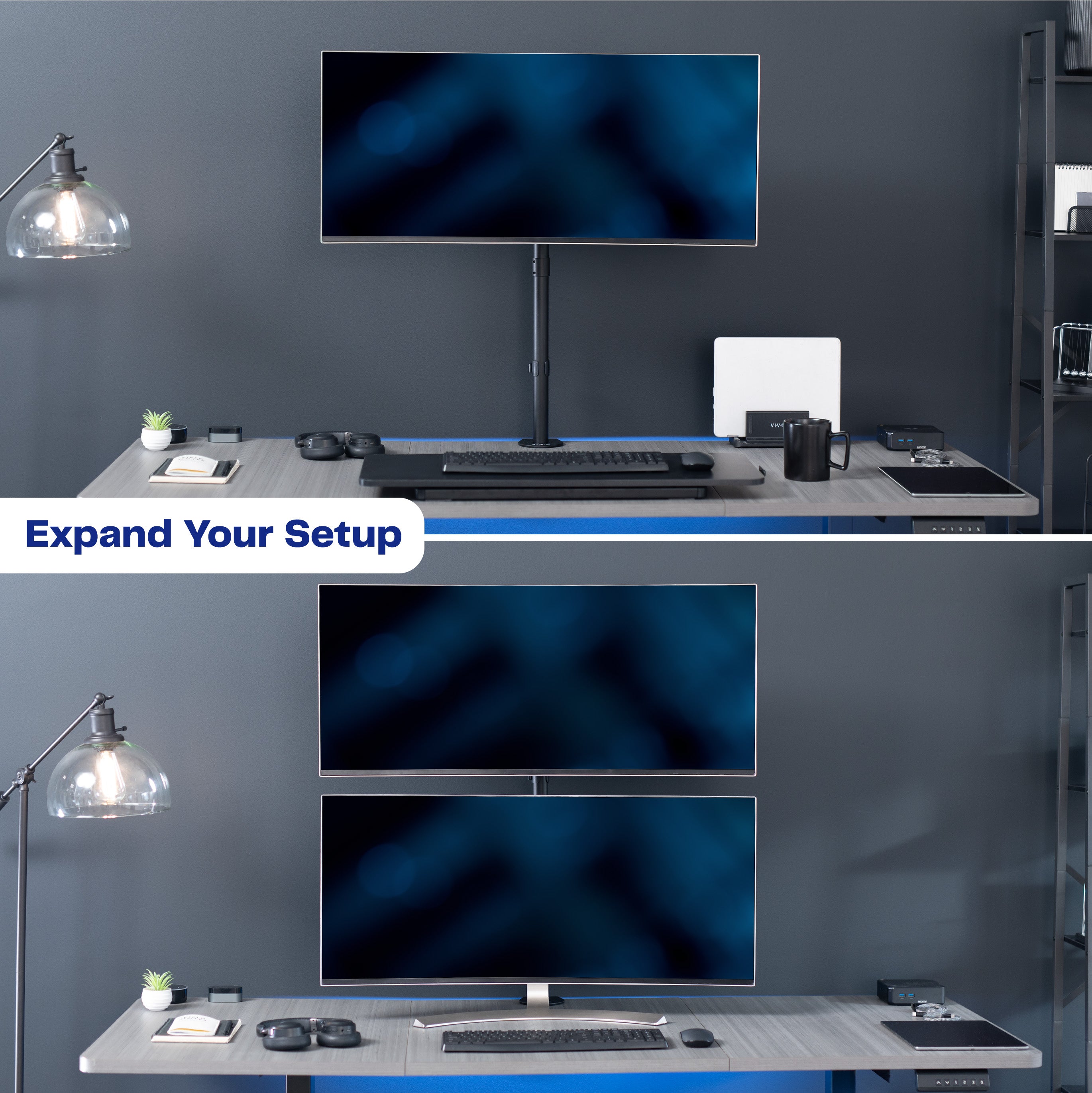 Extra tall sturdy adjustable single monitor ergonomic desk mount for office workstation.