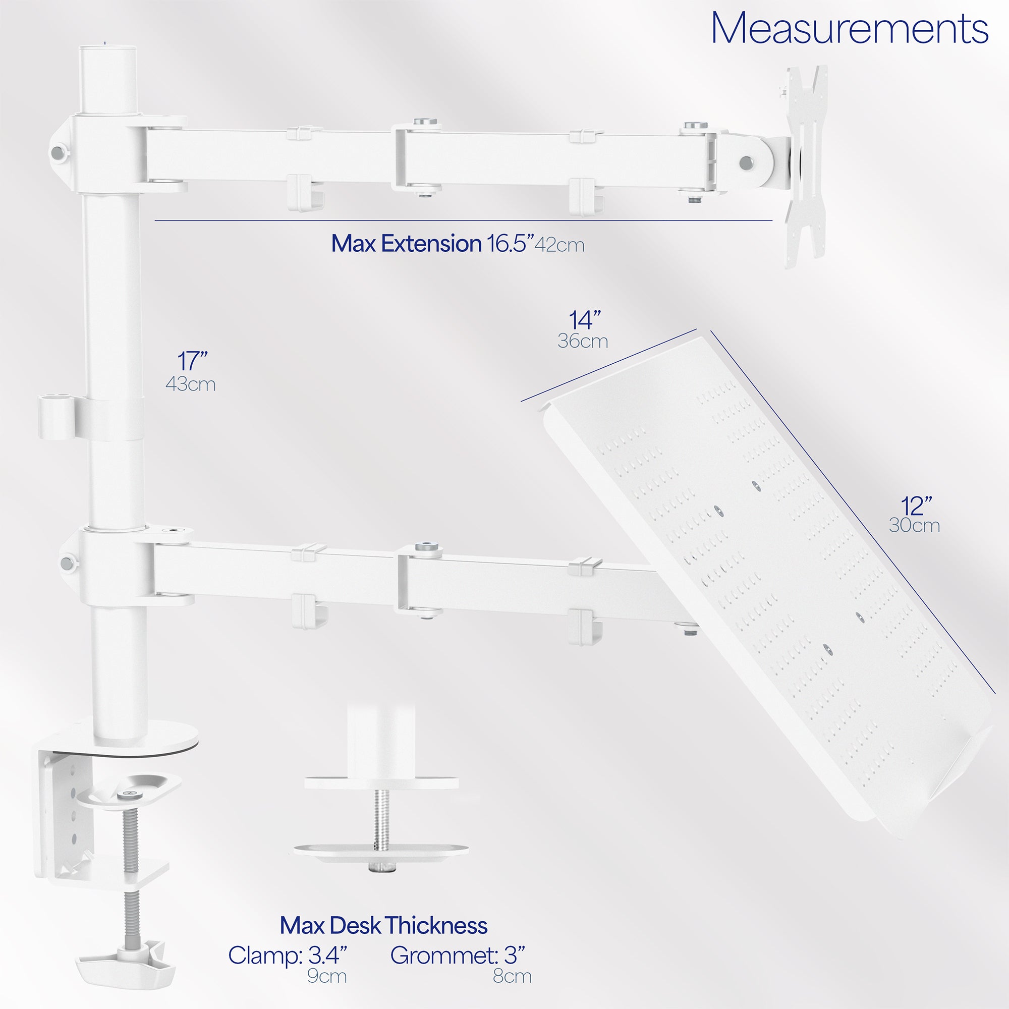 Fully adjustable single computer monitor and laptop desk mount allows you to display your laptop beneath your monitor screen for ergonomic placement.