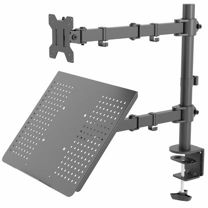 Fully adjustable single computer monitor and laptop desk mount allows you to display your laptop beneath your monitor screen for ergonomic placement.