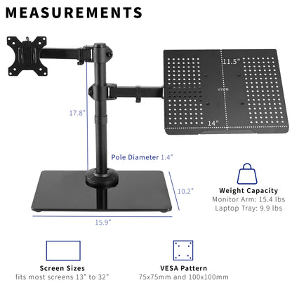 Freestanding monitor and laptop stand with elegant glass base for dual screen viewing and ergonomic placement.