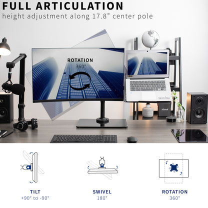 Freestanding monitor and laptop stand with elegant glass base for dual screen viewing and ergonomic placement.