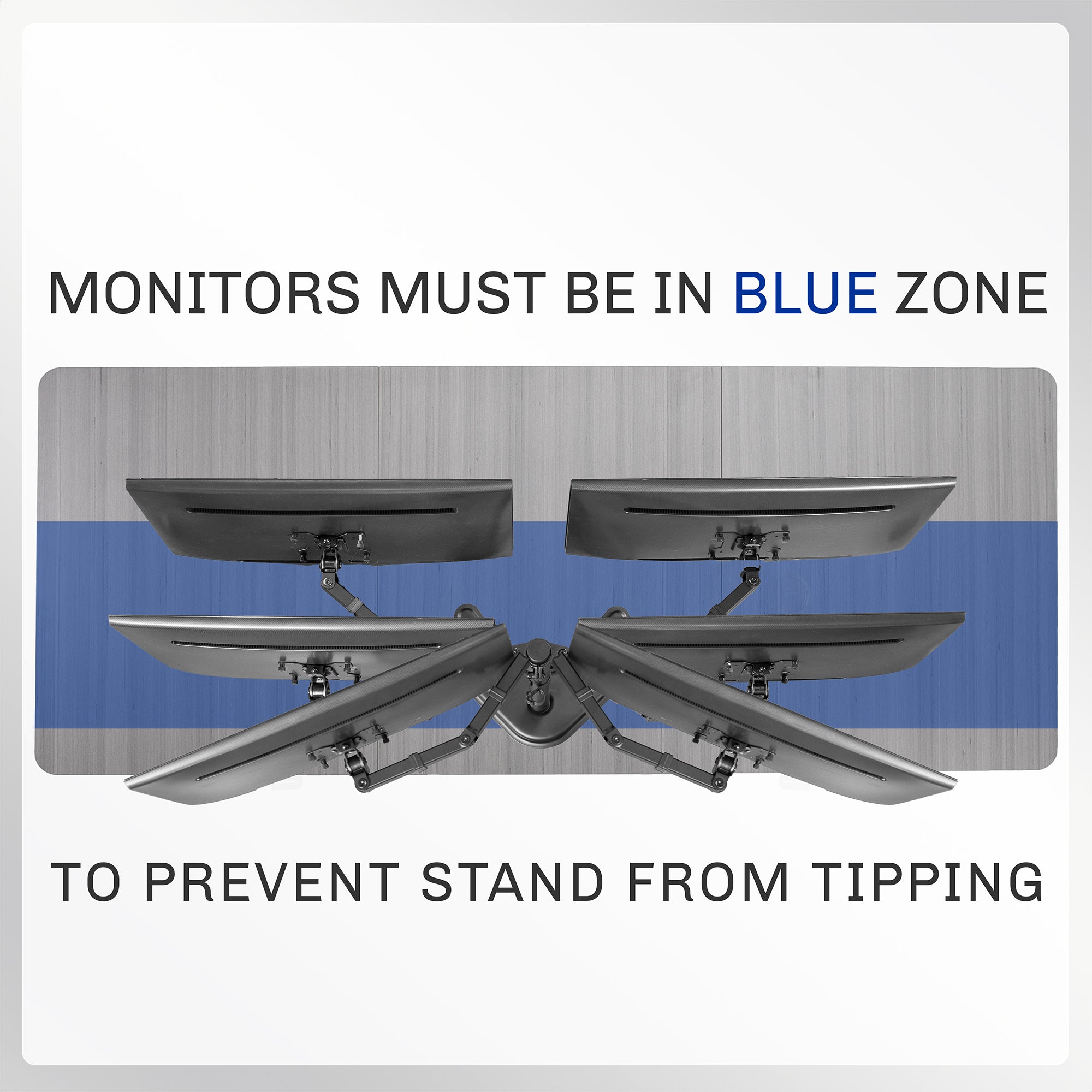 Sturdy adjustable dual monitor stand. Prevent your stand from tipping by keeping monitors in the safe zone.