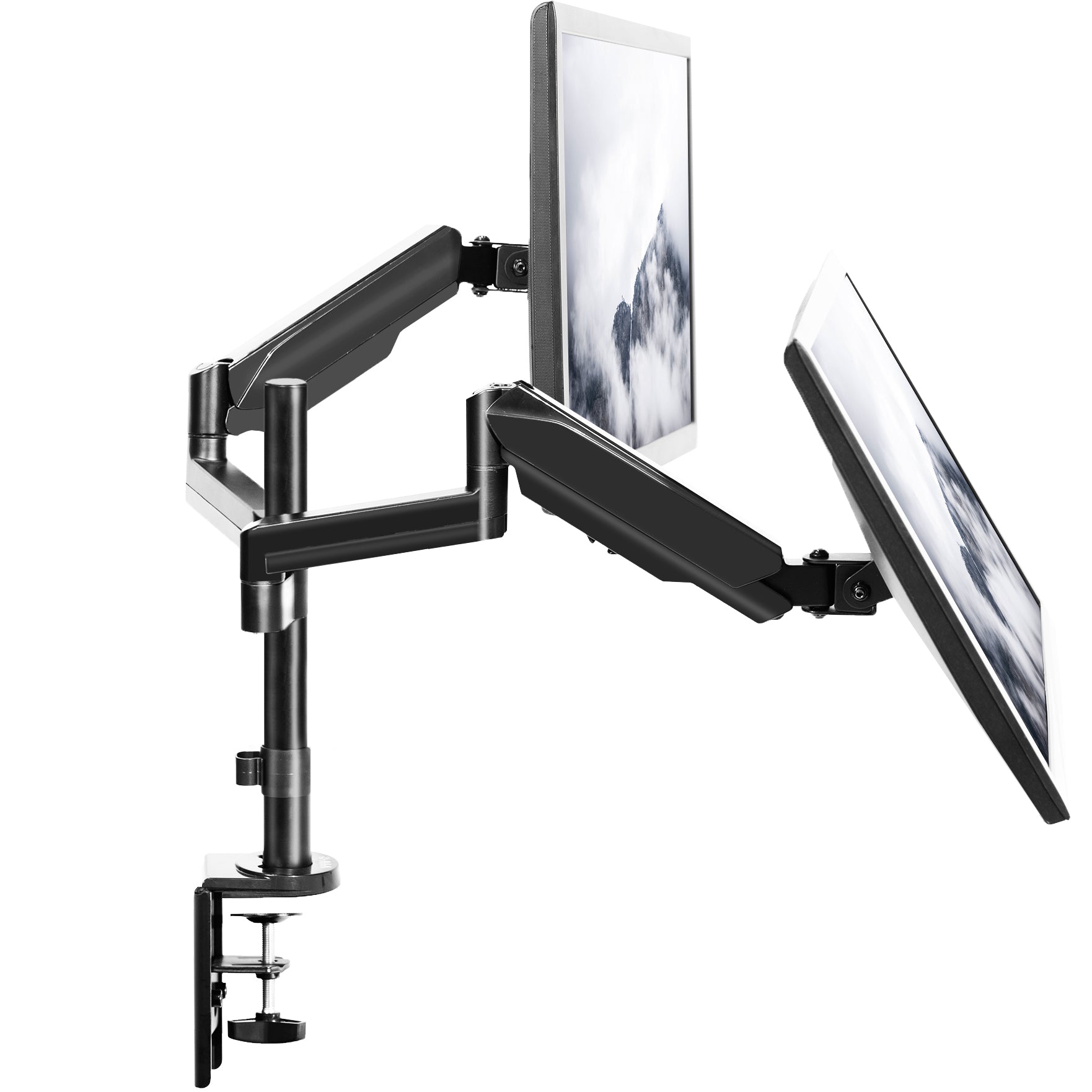 Sturdy adjustable pneumatic arm dual monitor ergonomic desk stand for office workstation.