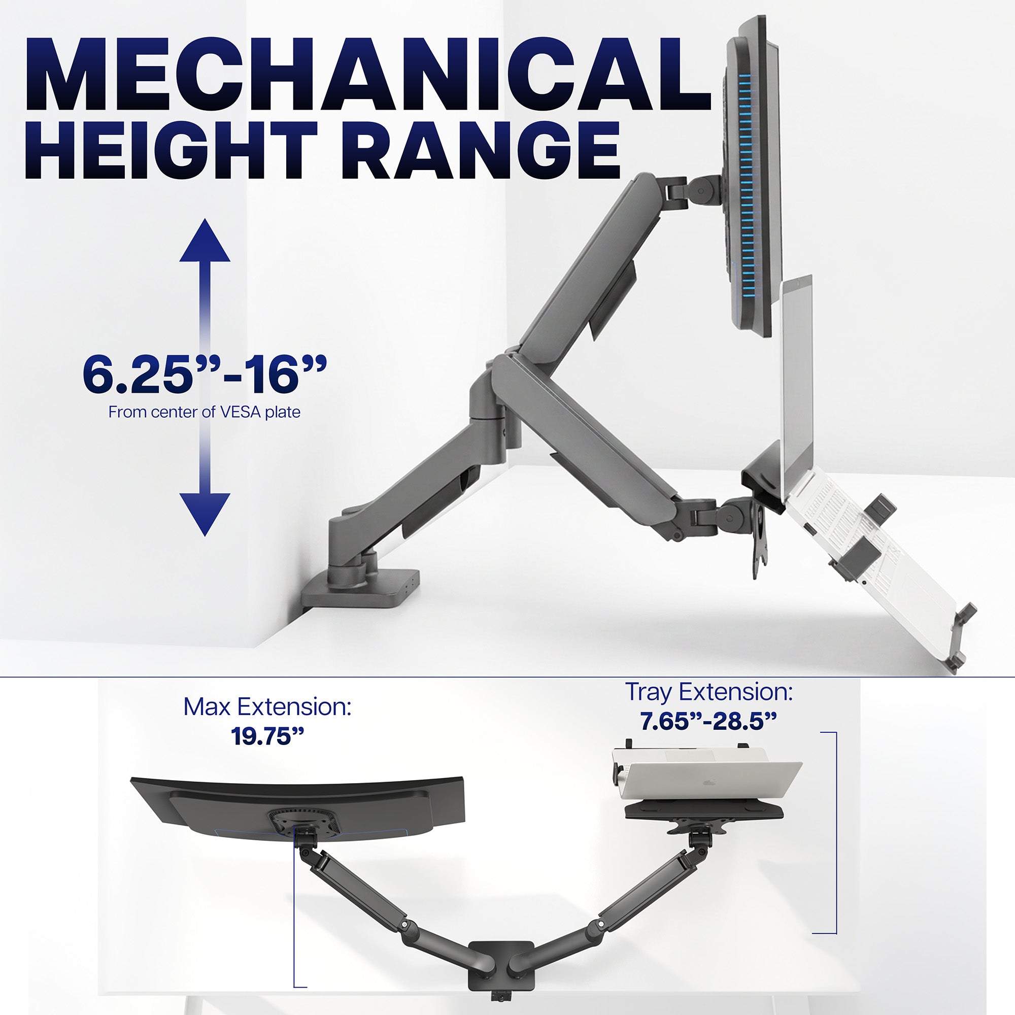 Mechanical Arm Single Monitor and Laptop Desk Mount - Up to 32" Screens, 15.6" Laptops