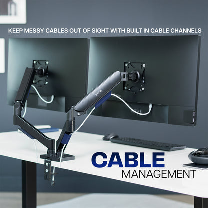 Dual mechanical arm monitor mount with cable management arm and text about keeping cables out of sight.