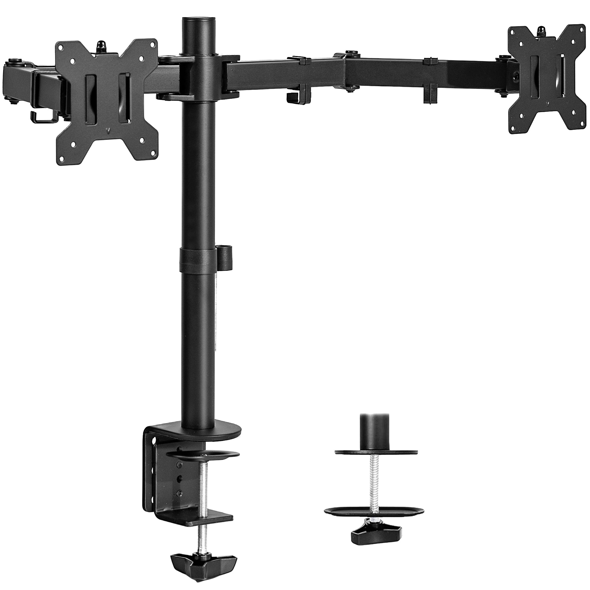 Sturdy adjustable dual monitor ergonomic desk mount for office workstation.