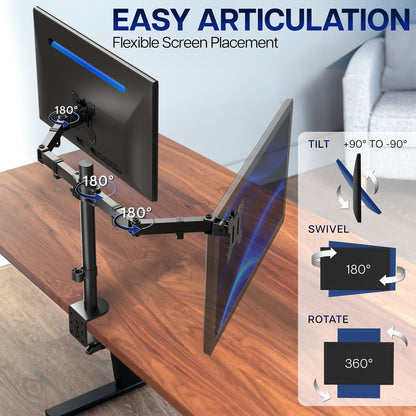 Monitor stand with flexible screen placement on a desk, showing articulation features.