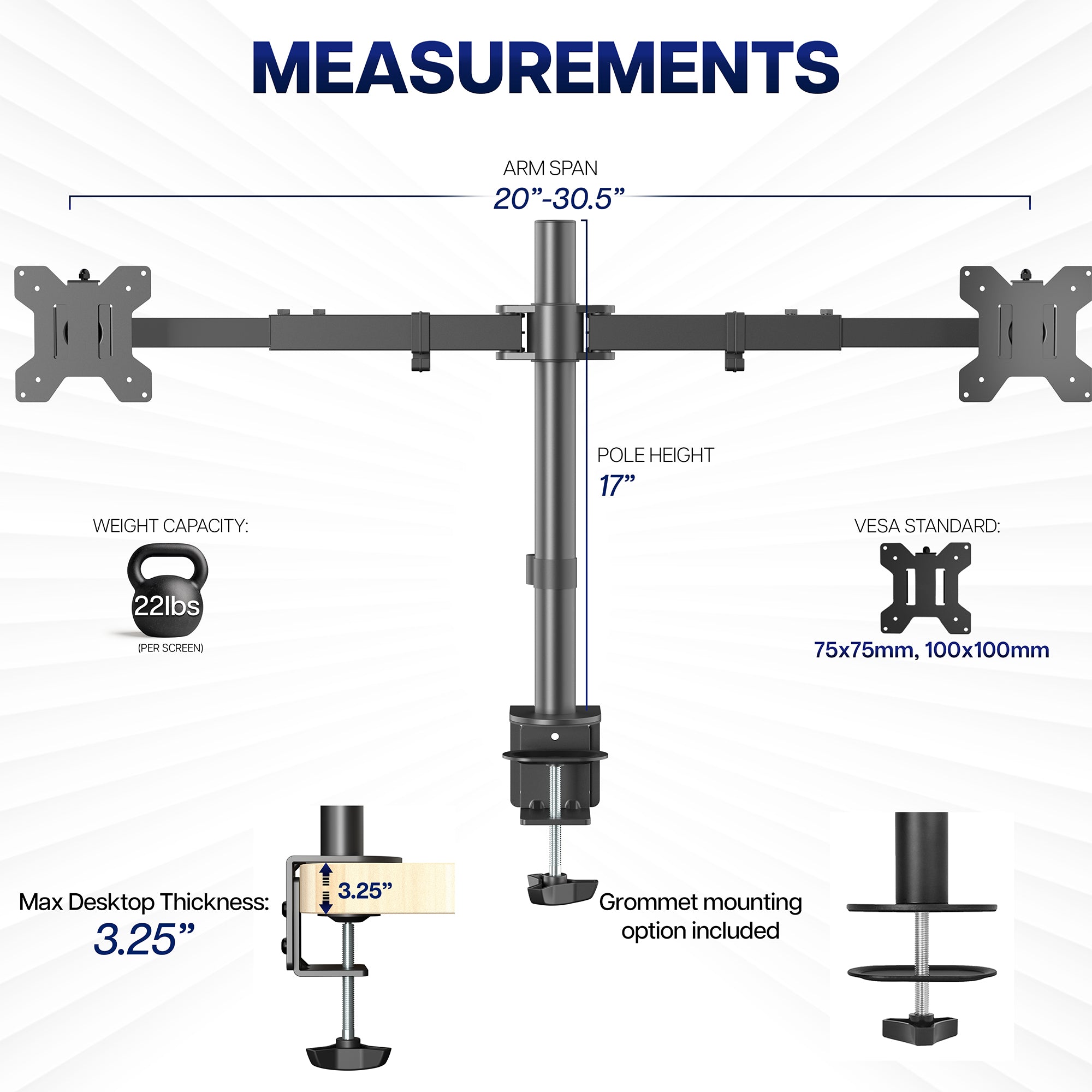 Monitor stand with measurements and specifications on a white background