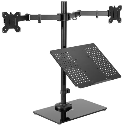 Freestanding dual monitor and laptop stand with elegant glass base for optimal viewing and ergonomic placement.