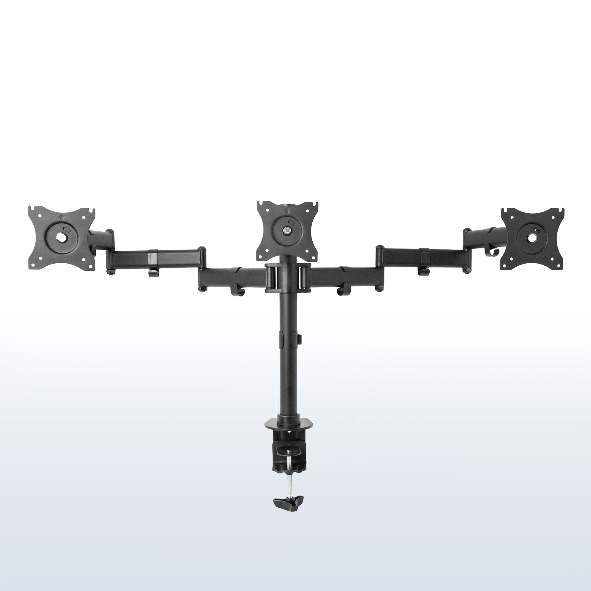 Sturdy height adjustable triple monitor desk mount.