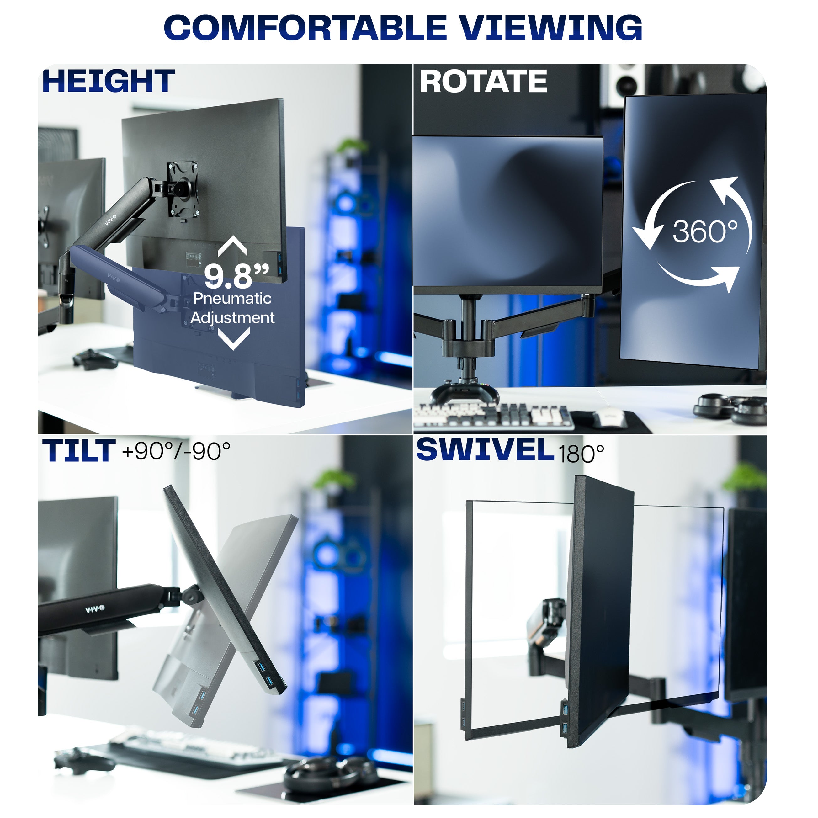 Monitor stand with adjustable height, rotate, tilt, and swivel features on a white background.
