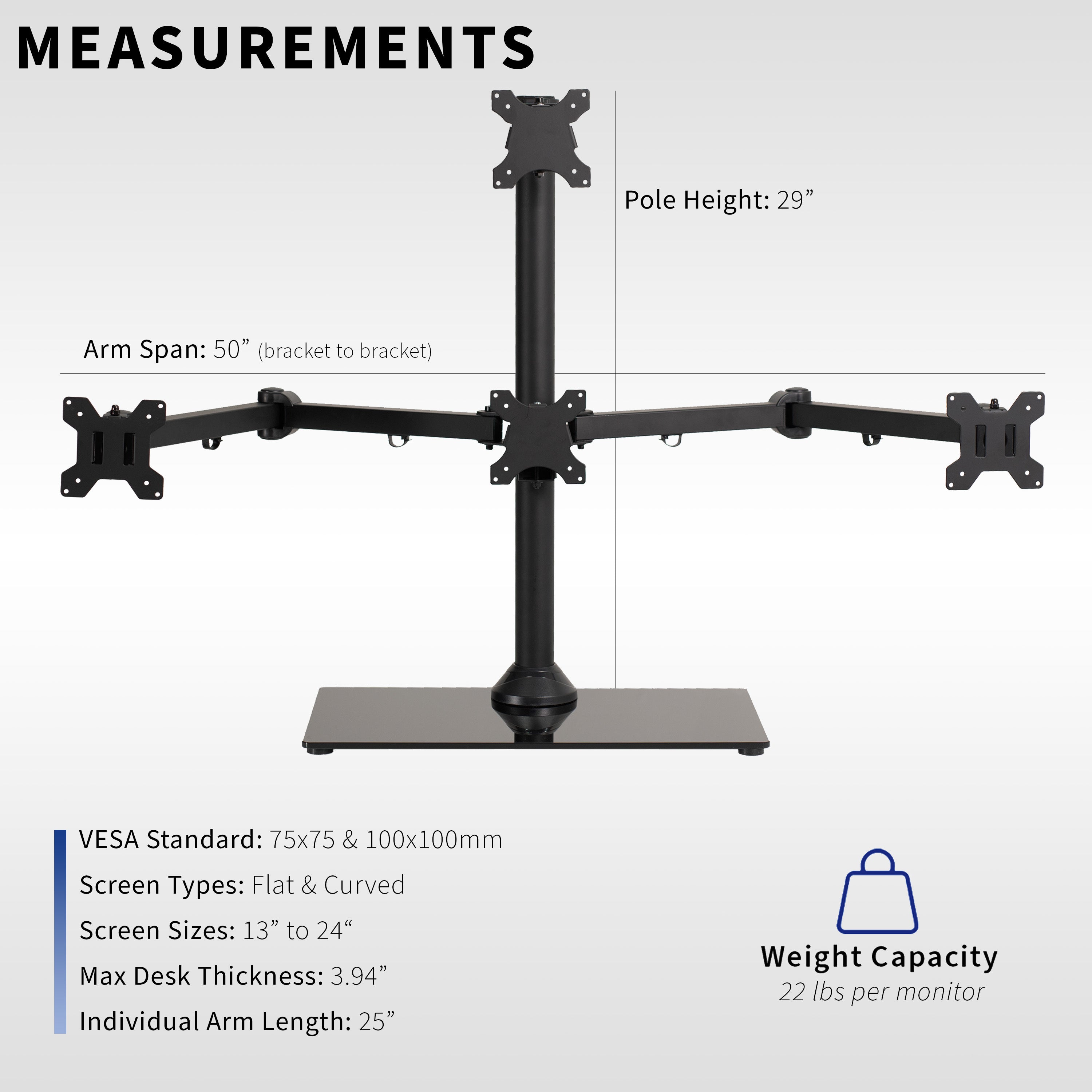 Sturdy height adjustable quad monitor desk stand.