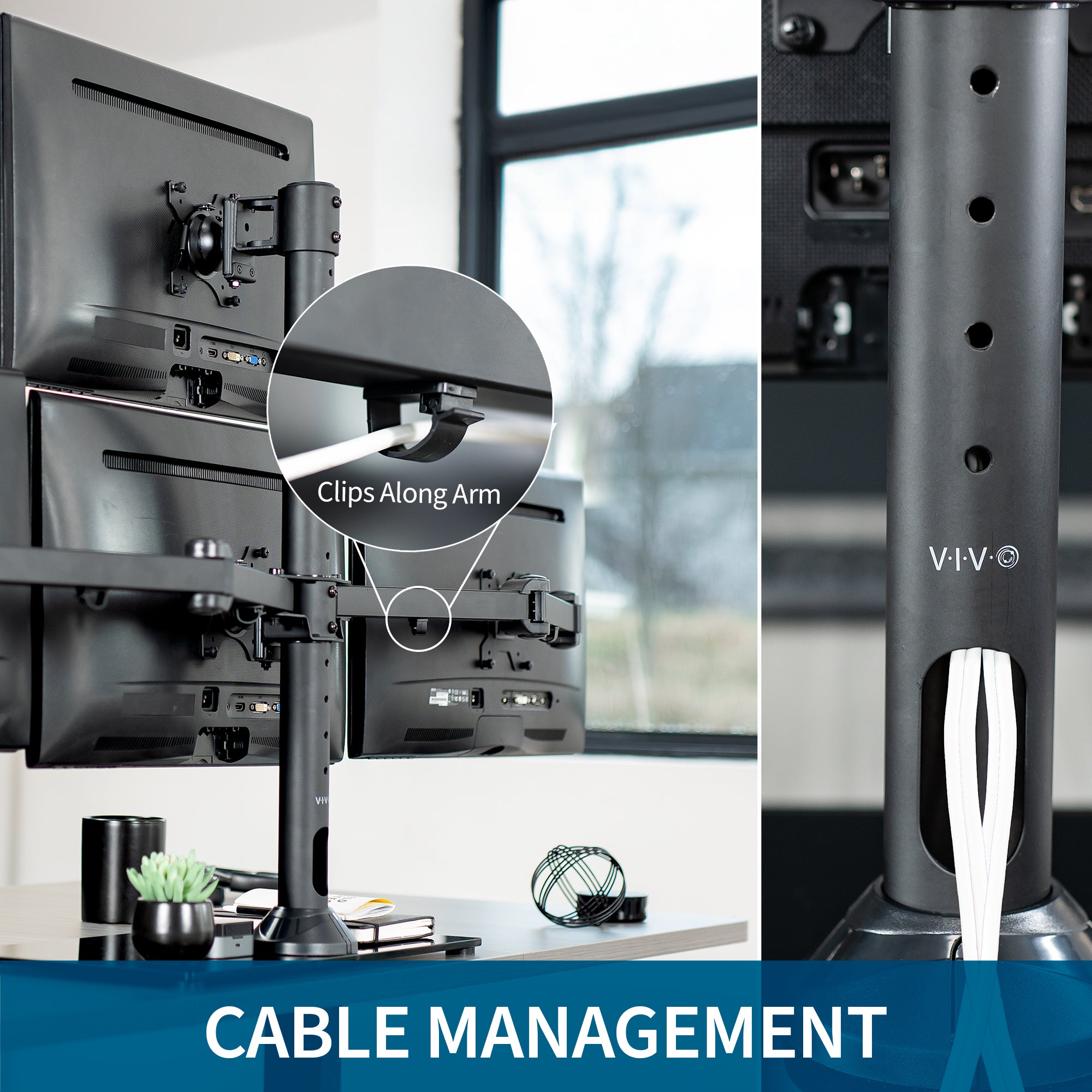 Sturdy height adjustable quad monitor desk stand.