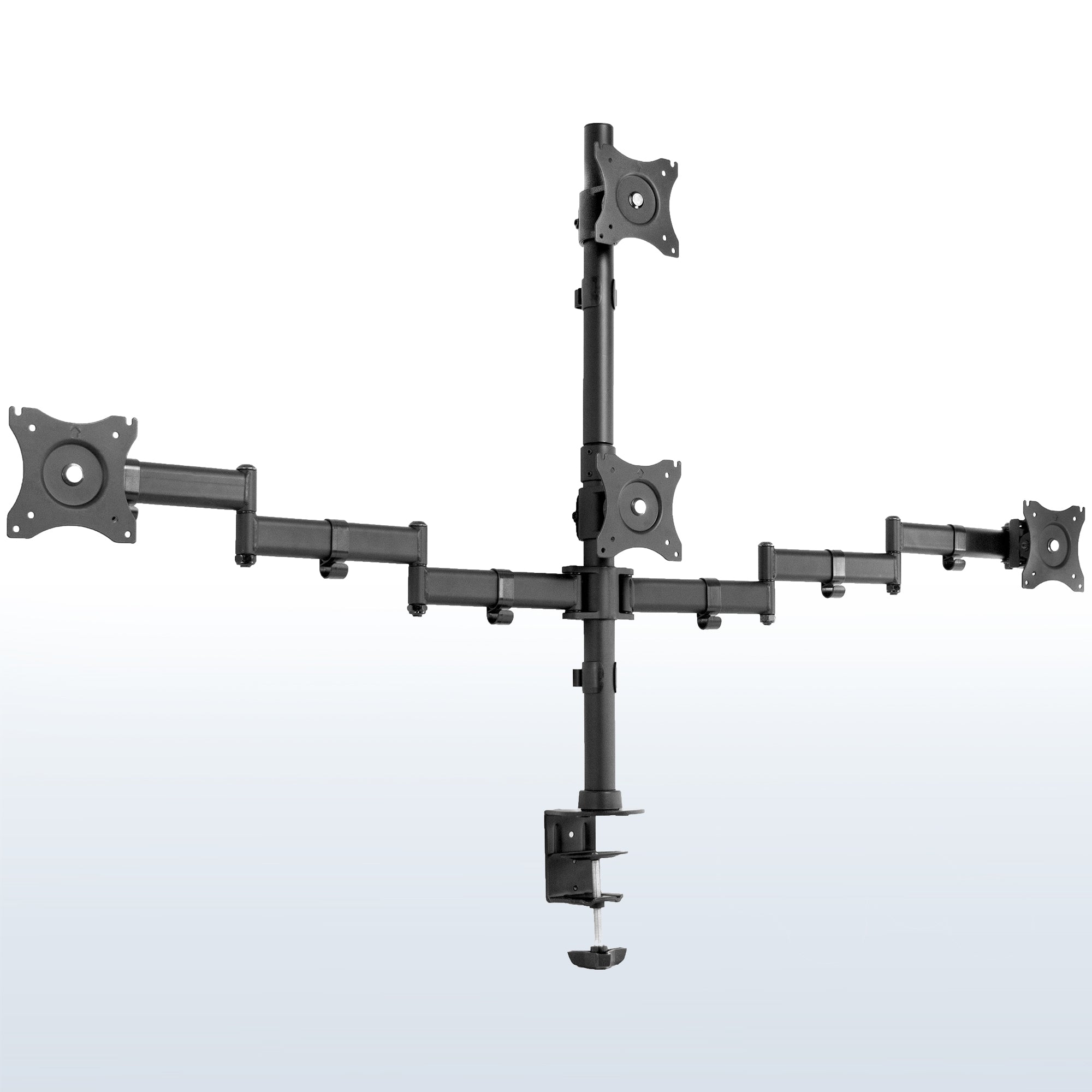 Sturdy height adjustable quad monitor desk stand.