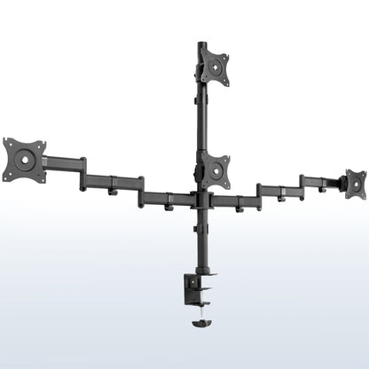 Sturdy height adjustable quad monitor desk stand.