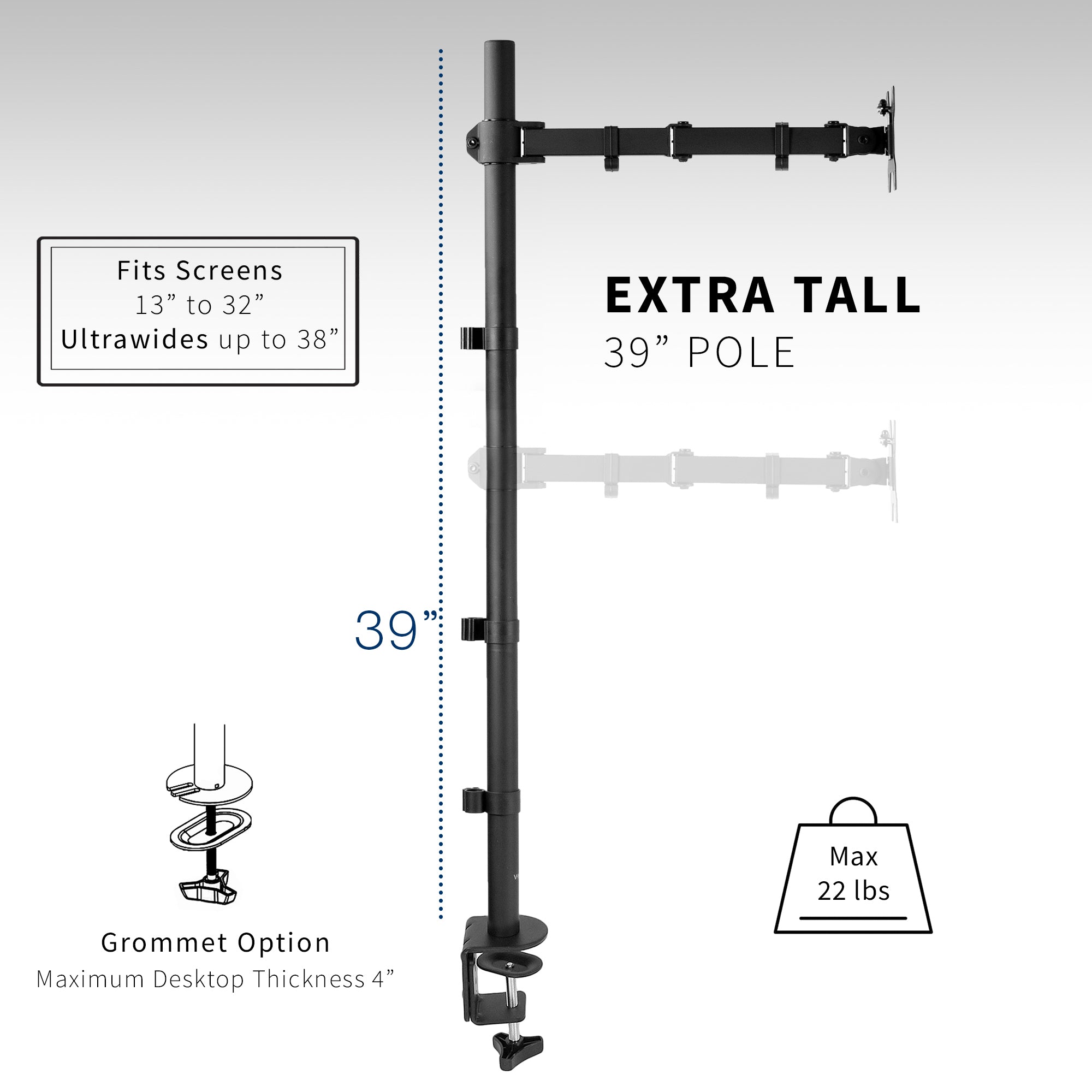 Extra tall desk mount for single monitor provides sit or stand application for the user, flexible viewing angles, and tall screen placement.