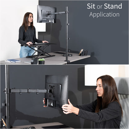 Extra tall desk mount for single monitor provides sit or stand application for the user, flexible viewing angles, and tall screen placement.