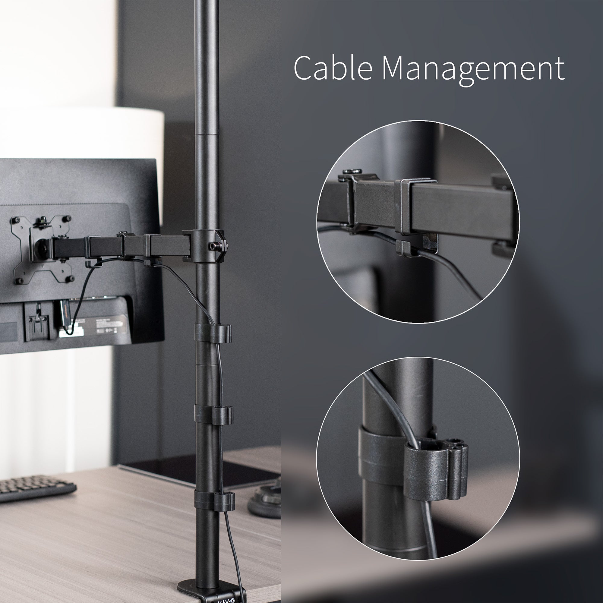 Extra tall desk mount for single monitor provides sit or stand application for the user and features cable management.