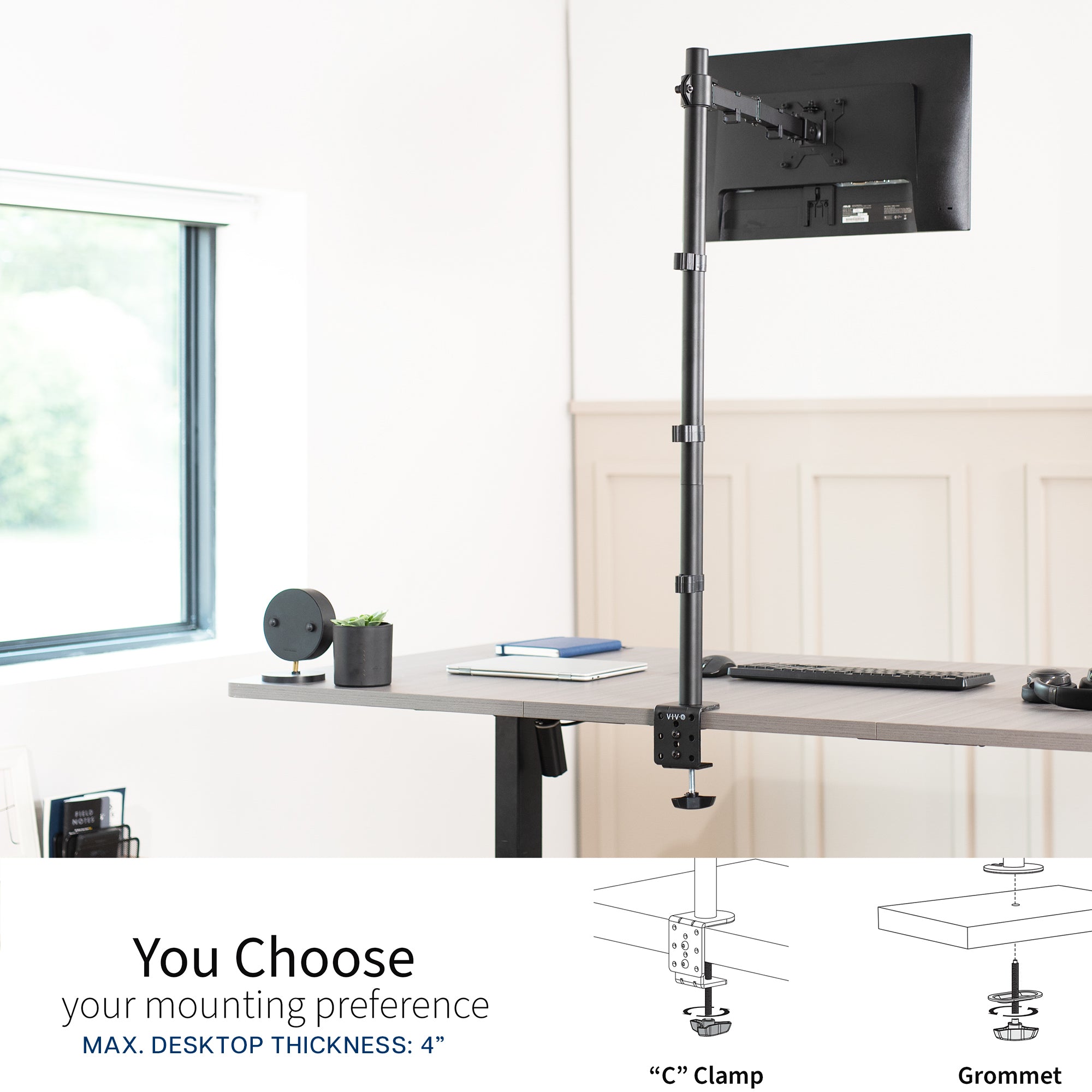 Extra tall desk mount for single monitor provides sit or stand application for the user with clamp and grommet mounting options.