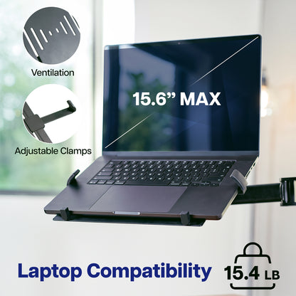 A laptop stand shown holding an open laptop on an adjustable arm, with text reading '15.6" MAX' and 'Laptop Compatibility 15.
