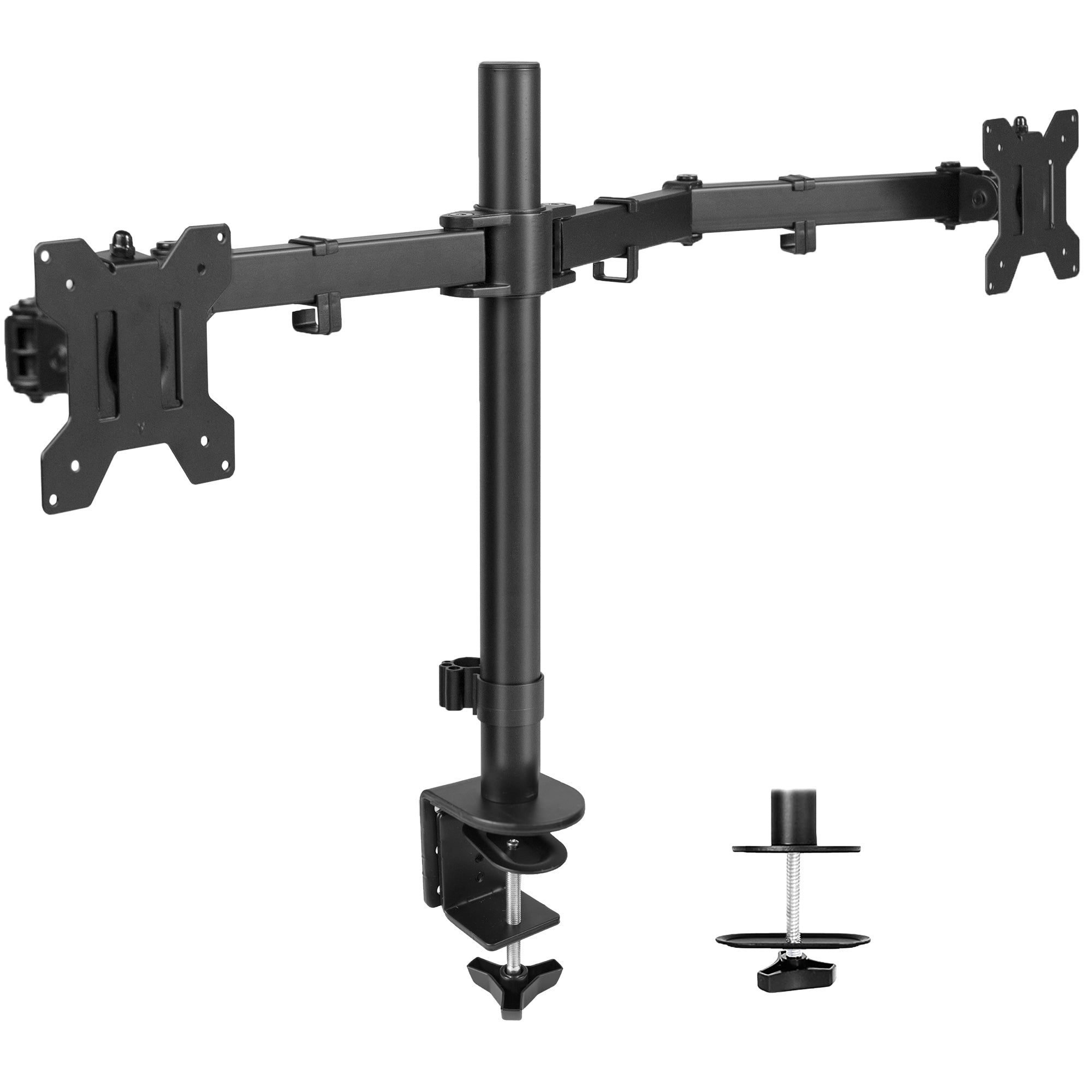 Sturdy adjustable dual monitor ergonomic desk mount for office workstation.