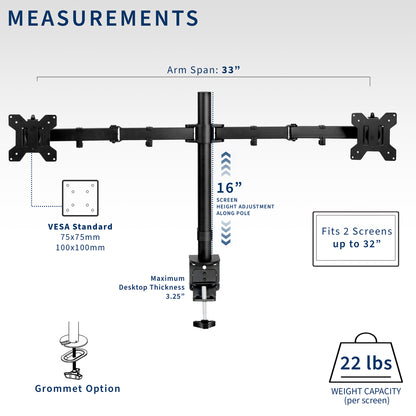 Sturdy adjustable dual monitor ergonomic desk mount for office workstation.