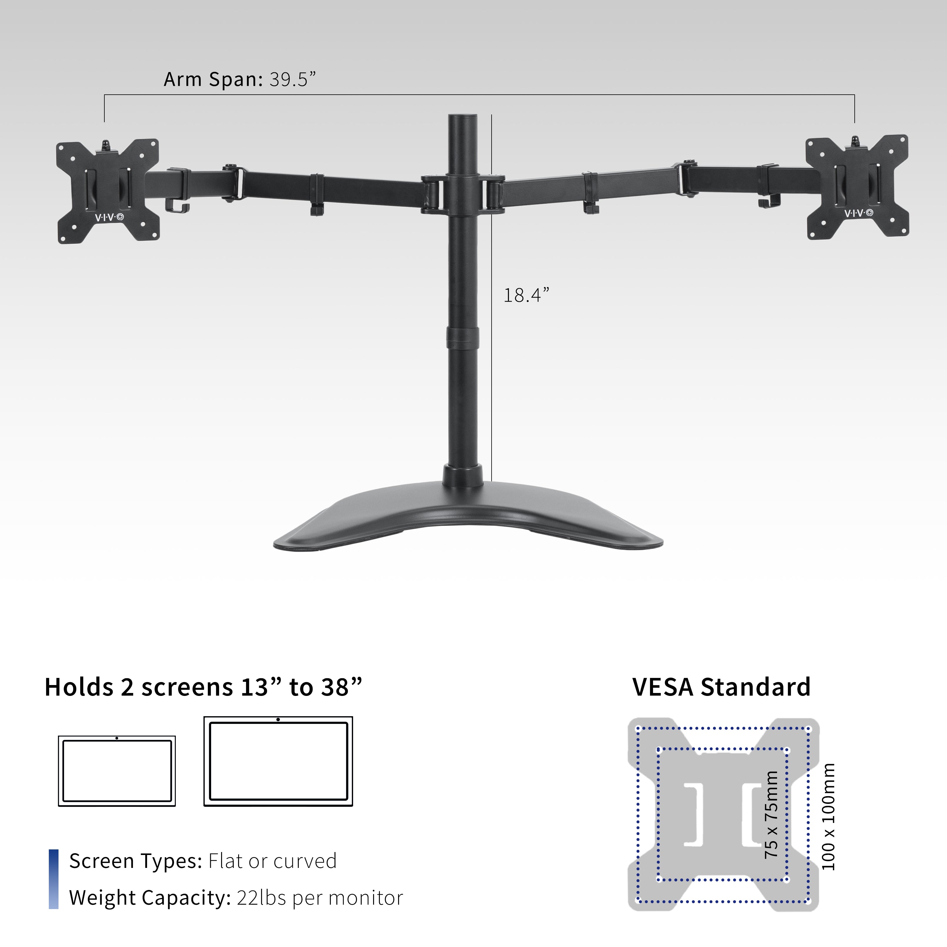 Sturdy adjustable dual monitor stand dimensions and weight capacity.