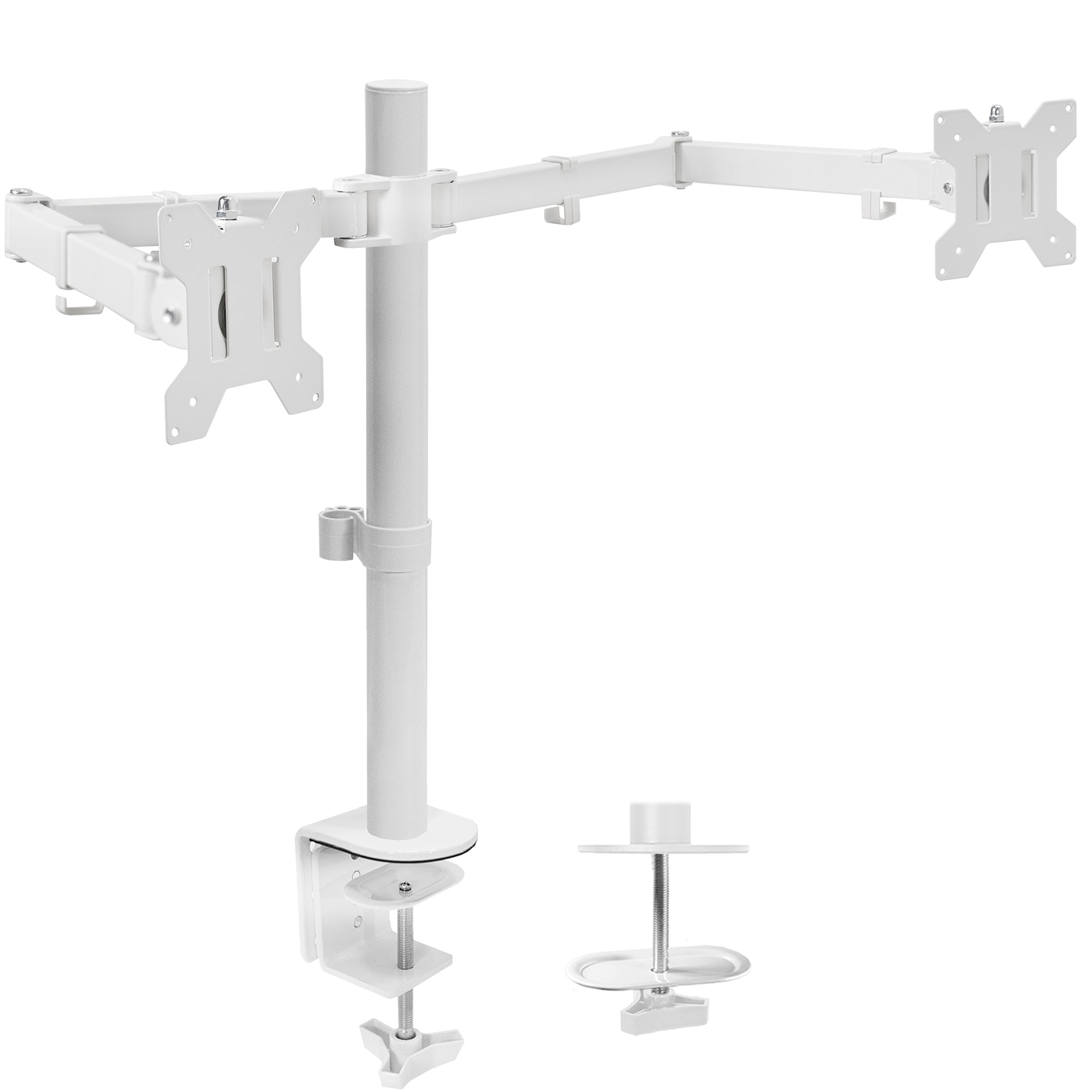 Sturdy adjustable dual monitor ergonomic desk mount for office workstation.