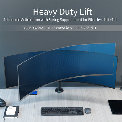 Single ultrawide monitor desk mount in an office setting with screen articulation.