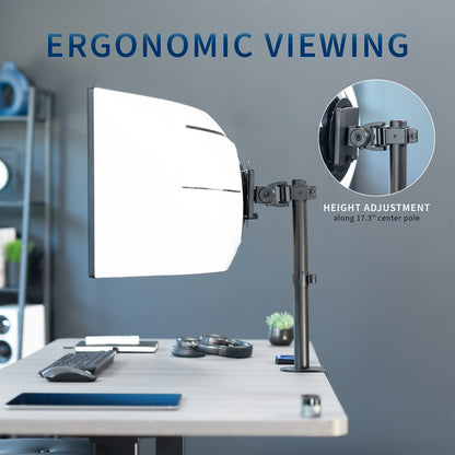 Single ultrawide monitor desk mount in an office setting creates ergonomic viewing.