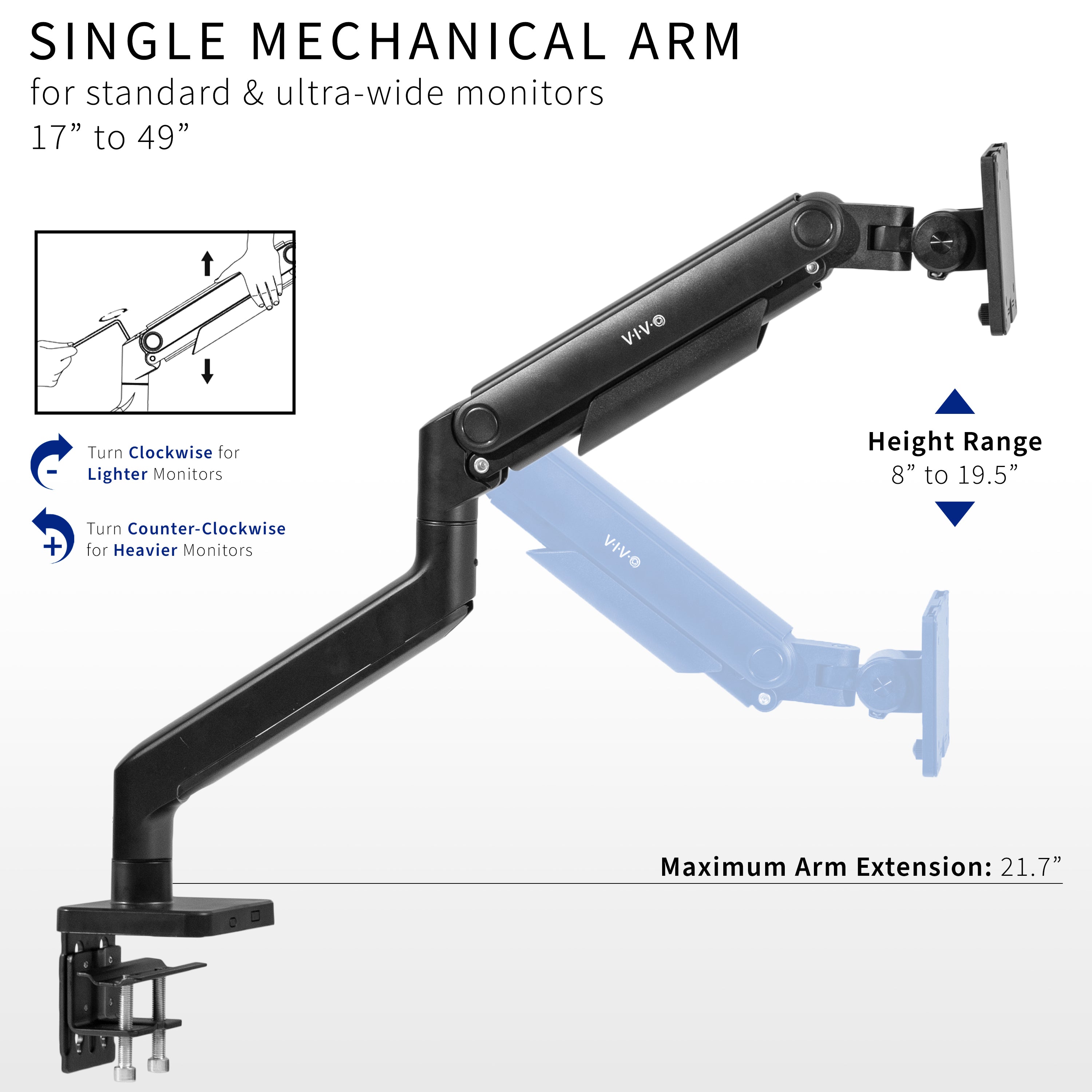 The ultimate ultra-wide mount for gamers and content creators alike, this premium stand perfectly counterbalances the weight of your 17” to 49” monitor (up to 44 lbs) for optimal ergonomic positioning.